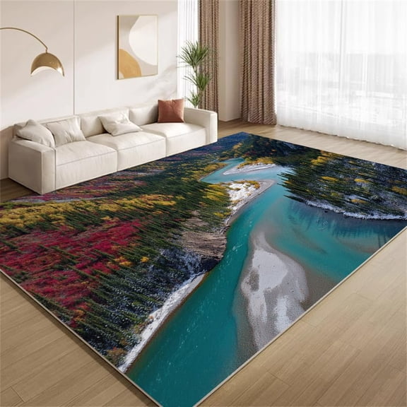 Nature Forest Mountain Area Rugs, Green Pine Tree Pattern Carpet, Washable Non Slip Low Pile Soft Rug for Living Room Bedroom Decor Mat 2x3ft