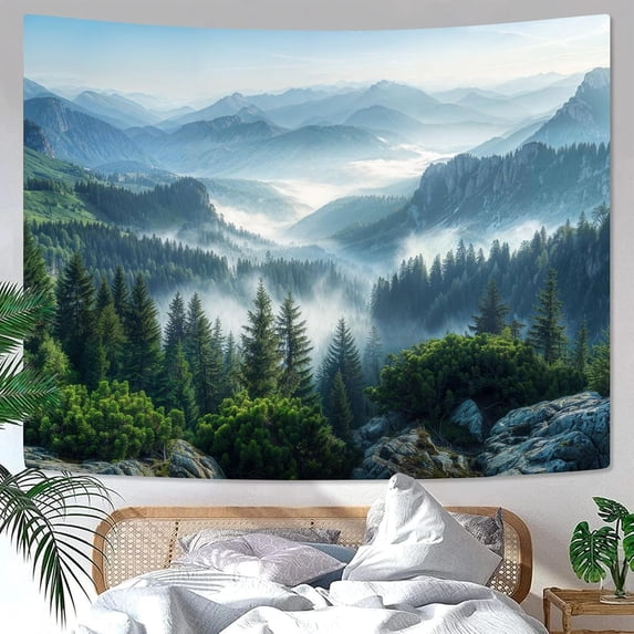 Nature Forest Mountain Tapestry Green Misty Pine Tree Tapestry for Bedroom Aesthetic Foggy Woodlands Sky Landscape Tapestries Wall Hanging for Living Room Dorm 60 x 40 Inch