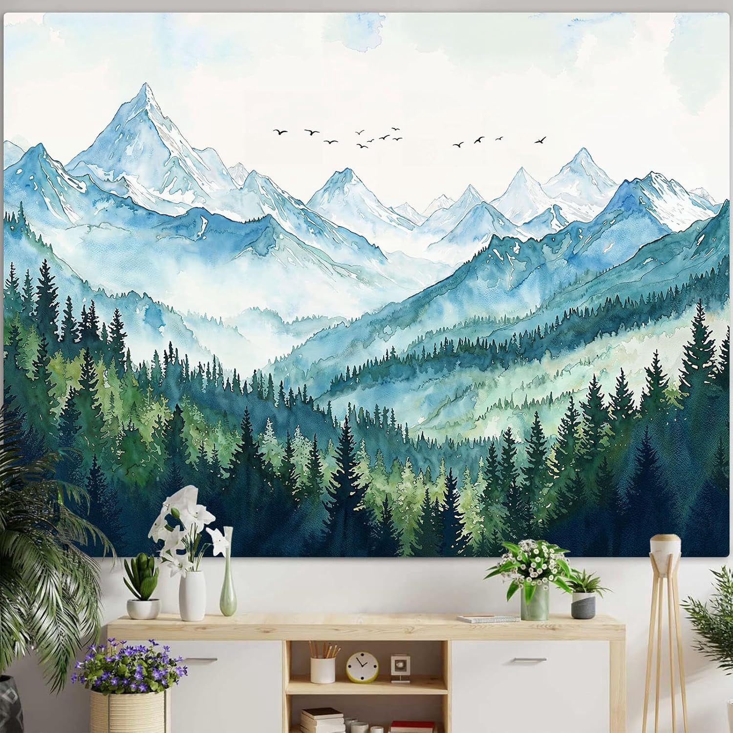 Nature Forest Mountain Tapestry Green Misty Pine Tree Wall Tapestry for ...