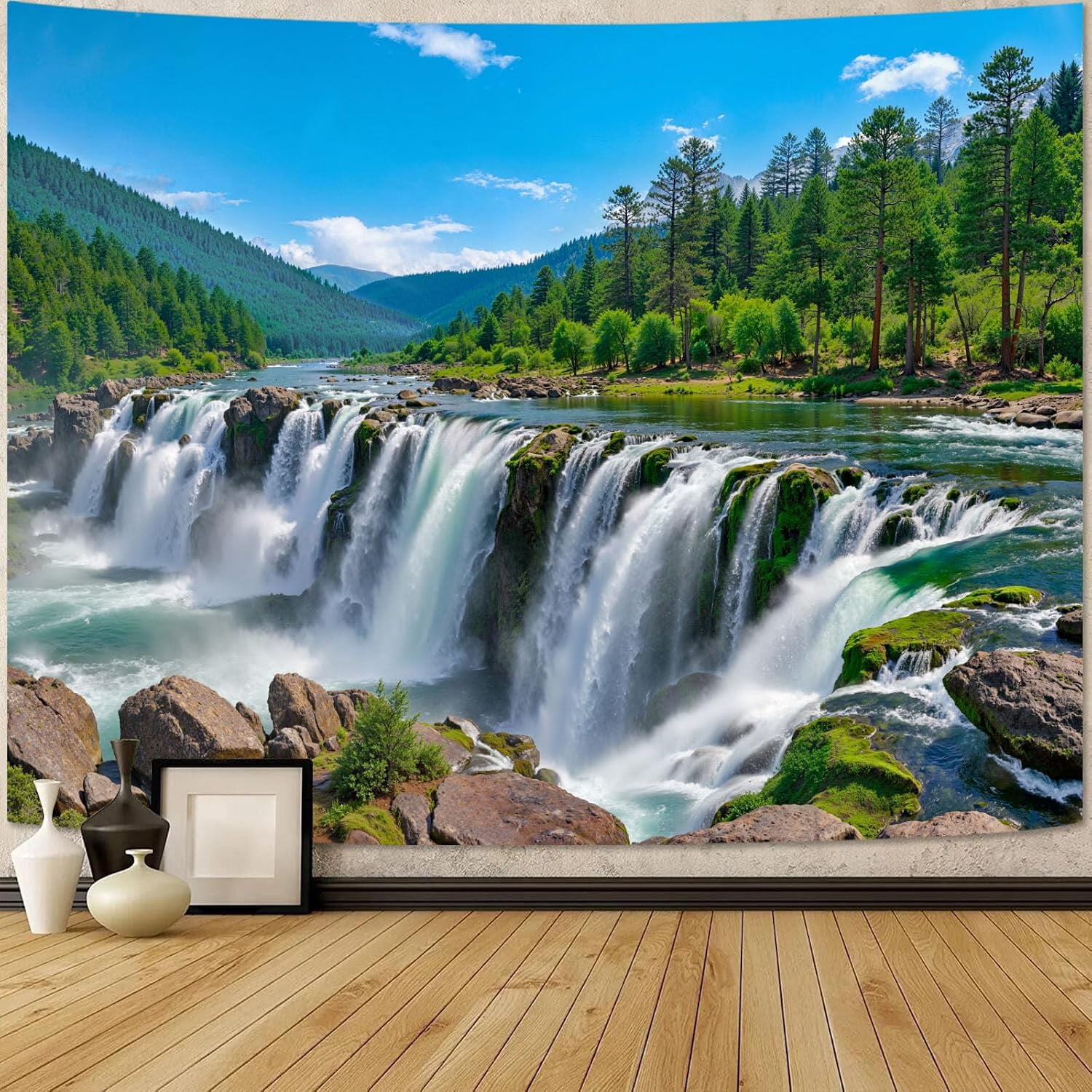 Nature Forest Mountain Tapestry Green Pine Tree Flowing River Wall ...