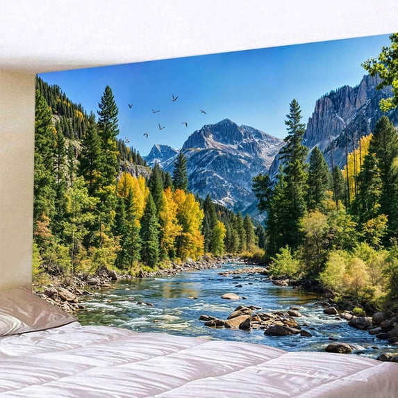 Nature Forest Mountain Tapestry Green Pine Tree Tapestry for Bedroom Aesthetic Flowing River Landscape Tapestries Wall Hanging Bird Decor for Living Room Classroom Dorm Office 90X60IN