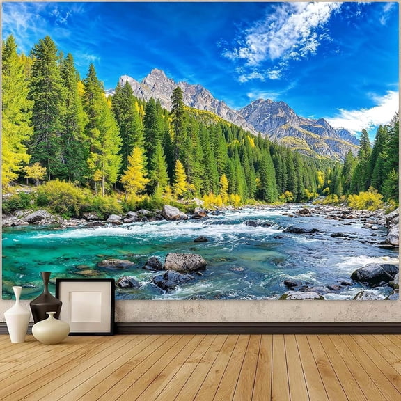 Nature Forest Mountain Tapestry Green Pine Tree Wall Tapestry for Bedroom Aesthetic Woods Flowing River Landscape Small Tapestries Wall Hanging for Dorm Living Room Decor 60 x 40 Inch