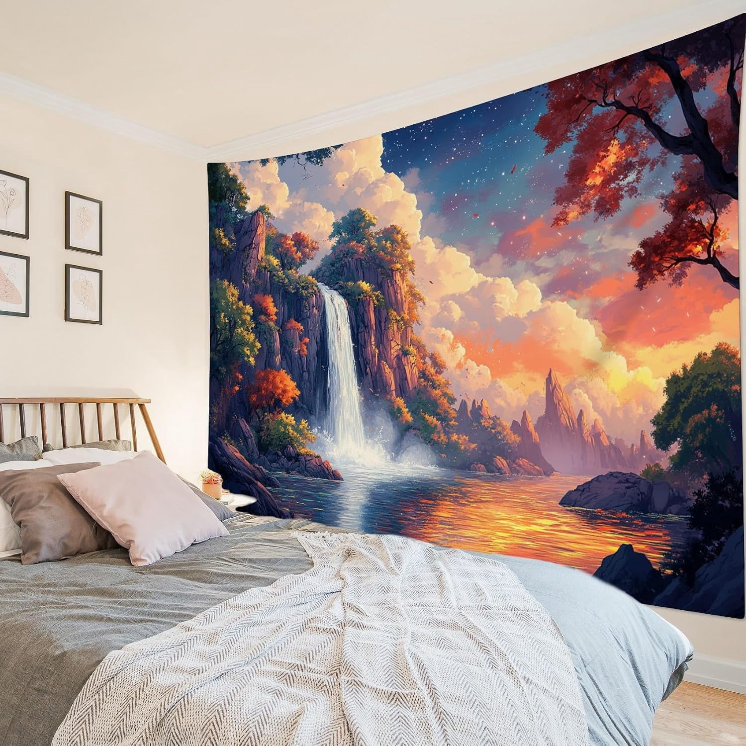Nature Forest Mountain Wall Tapestry Orange Tree Sunset White Cloud ...