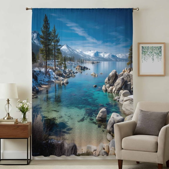 Nature Forest Sheer Curtains 45 Inches Long, Blue Sky Mountain Stone Lake Landscape Light Filering Curtains, Breathable Simi Curtain Privacy Drapes for Kitchen Bathroom Small Window Treatment