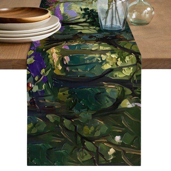 Nature Forest Short Table Runner 36 Inches Long,Spring Purple Flowers Trees Road Scenery Cotton Linen Table Runners Dresser Scarves,Fabric Tabletop Scarf Furniture Cover for Home Dinner Party 13"x36"