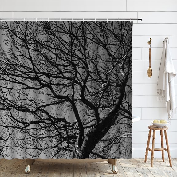 Nature Forest Shower Curtain Bathroom Set with Misty Mountain Landscape Fog Tree Bath Cur