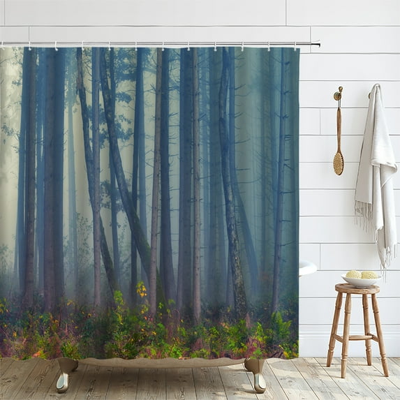 Nature Forest Shower Curtain Bathroom Set with Misty Mountain Landscape Fog Tree Bath Cur