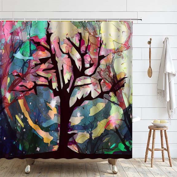 Nature Forest Shower Curtain Bathroom Set with Misty Mountain Landscape Fog Tree Bath Cur