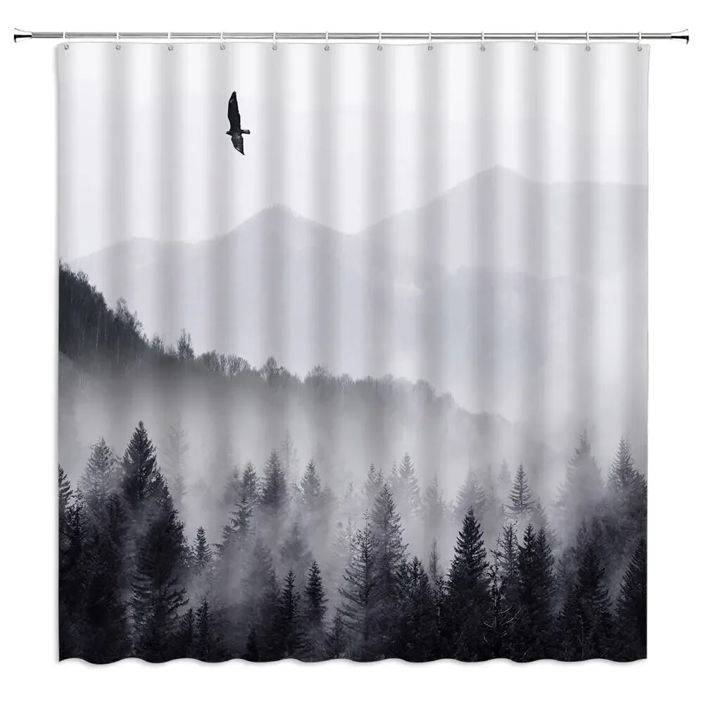 Misty Forest Shower Curtain – Dark Grey Pine Tree Scene, 70x70 Inch, Polyester Fabric With Hooks - View #9