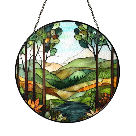 Nature Forest Stream Stained Glass Style Window Panel, Scenic Home Window Art