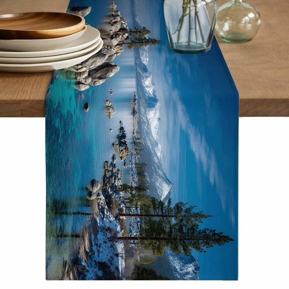 Nature Forest Table Runner, Blue Sky Mountain Stone Lake Landscape Washable Cotton Linen Table Runners 36 Inches Long, Dresser Scarf Runner for Nightstand/End Tables/Round Tables 13''x36''