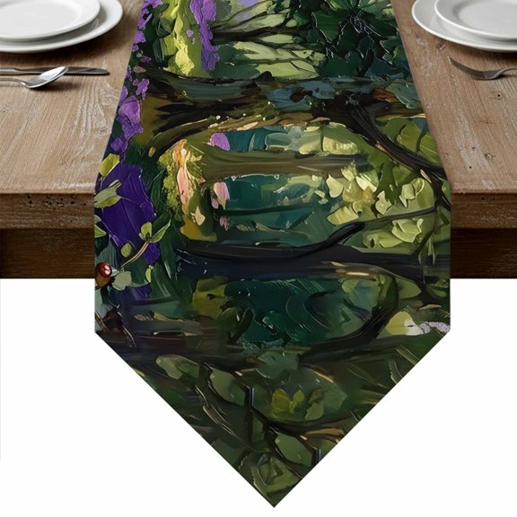 Nature Forest Table Runner Linen Burlap Table Runner 120 Inches Long Spring Purple Flowers Trees Road Scenery Dresser Scarves for Kitchen Island Coffee Dining Room Party Holiday Decor 13"x120"
