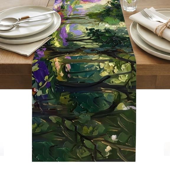 Nature Forest Table Runner Spring Purple Flowers Trees Road Scenery Tablerunners 13 x 36 Inch, Table Decorations Tabletop Scarf for Summer Gathering Holiday Farmhouse Kitchen Dining Decor