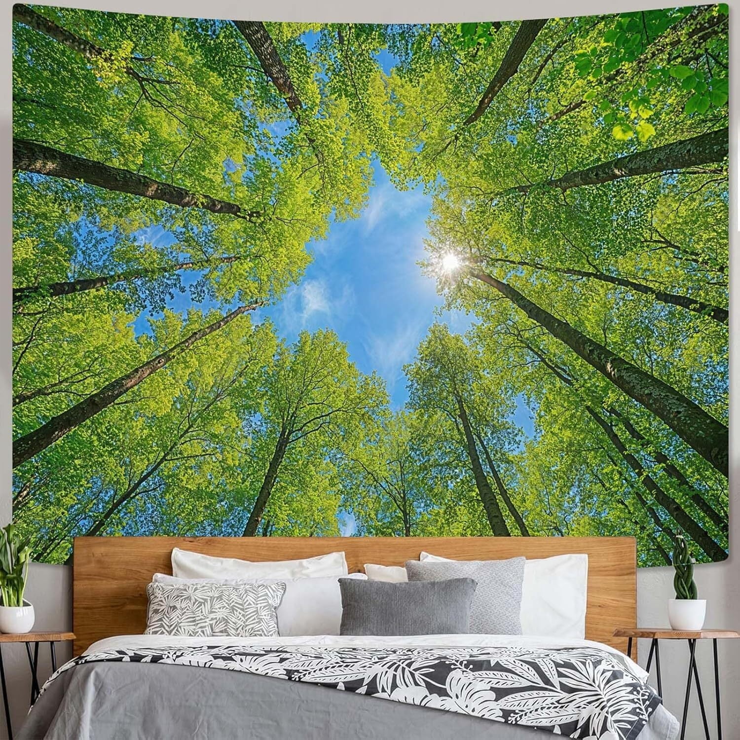 Nature Forest Tree Celling Tapestry Lush Green Treetops Sunlit Tapestry for Bedroom Aesthetic Sky Sunlight Canopy Leaves Landscape Tapestries Wall Hanging for Living Room Dorm Office 90 x 60 Inch