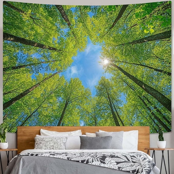 Nature Forest Tree Celling Tapestry Lush Green Treetops Sunlit Tapestry for Bedroom Aesthetic Sky Sunlight Canopy Leaves Landscape Tapestries Wall Hanging for Living Room Dorm Office 80 x 60 Inch