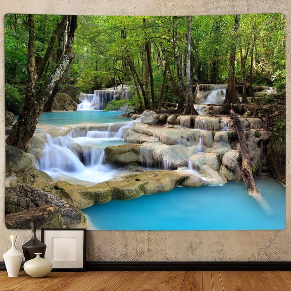 Nature Forest Tree Sea Cave Wall Hanging Tapestry, Waterfall Stream Rainforest Landscape Flannel Wall Art for Bedroom and Living Room, Lake View, 60 x 40 Inch