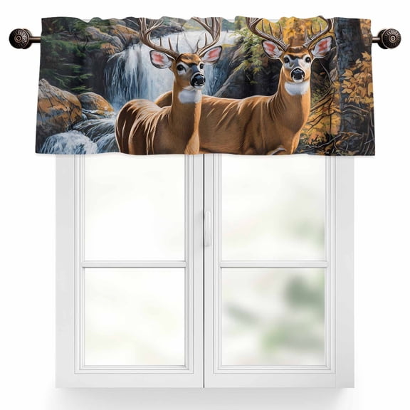 Nature Forest Valances for Windows, 42 x 18in, Scenery Animal Deer Waterfall Plant Rod Pocket Kitchen Valance Curtain Light Filtering Window Treatments for Living Room Bedroom, 1 Panel