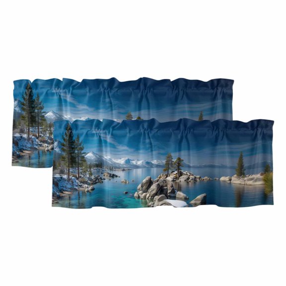 Nature Forest Valances for Windows, Decorative Rod Pocket Window Valance Curtains, Blue Sky Mountain Stone Lake Landscape Curtain Drapes for Kitchen/Bathroom/Living Room, 2 Panels, 42" W x 12" L