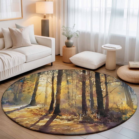 Nature Forest Washable Round Area Rug 3 ft, Autumn Woods Falling Leaves Warm Brown Path Soft Non Slip Rugs Stain Repellent Indoor Felt Carpet for Living Dining Room Bedroom Home Office