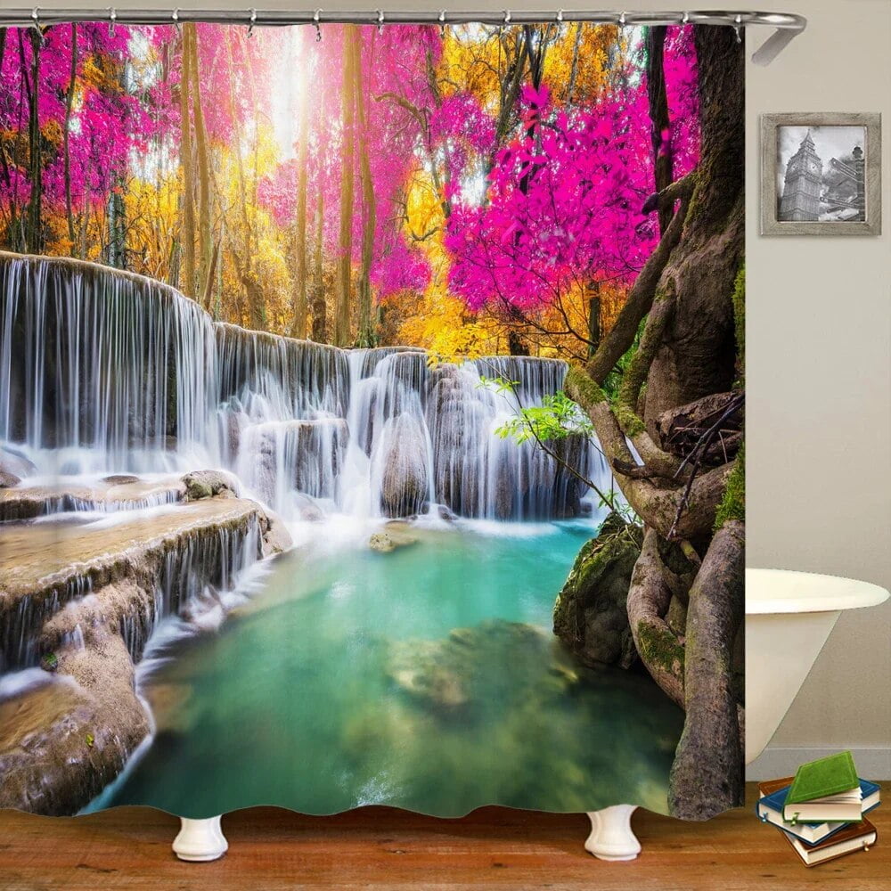 Nature Forest Waterfall 3D Shower Curtain landscape Bathroom Curtains