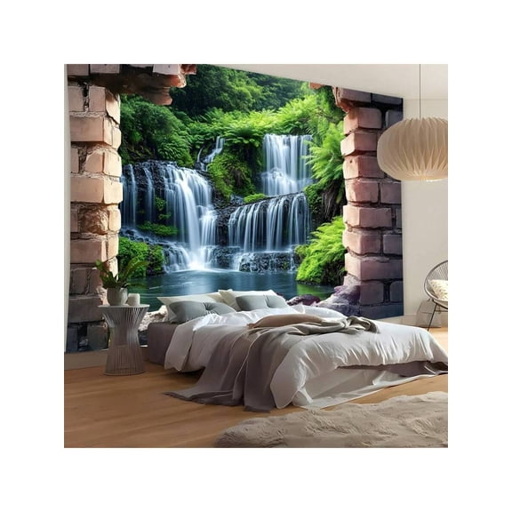 Nature Forest Waterfall Tapestry, Polyester Wall Hanging With Stereoscopic Window View For Bedroom Living Room