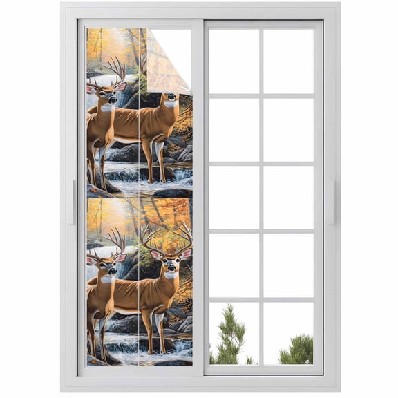Nature Forest Window Privacy Film Scenery Animal Deer Waterfall Plant Decorative Glass Window Film UV Blocking Static Cling Non-Adhesive Sticker Covering for Home Door 29.5 x 118 inches