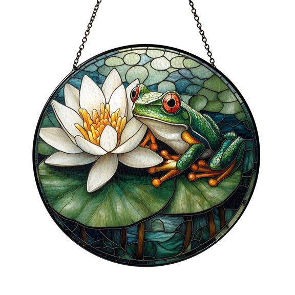 Nature Frog Lily Pad Stained Glass Suncatcher, Window Hanging Sun Catcher Decor