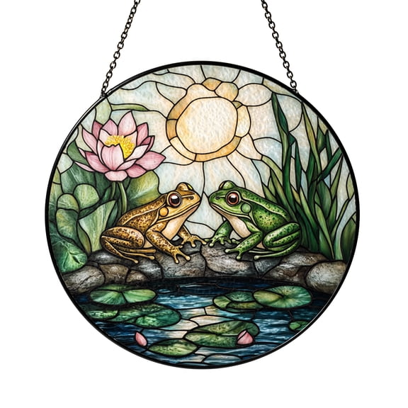 Nature Frog Pond Stained Glass Suncatcher, Decorative Window Hanging Sun Catcher for Interior