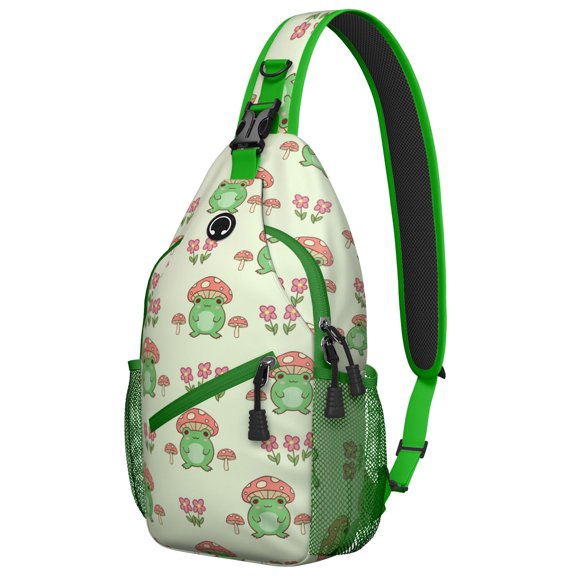 Nature Frog Sling Backpack, Cute Green Frog Mushroom and Flower Print Crossbody Bag, Forest Plant Pattern for Students and Travelers