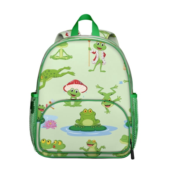 Nature Frog Student Backpack – Green Frog Cartoon Print With Cute Forest Mushroom Flower Pattern