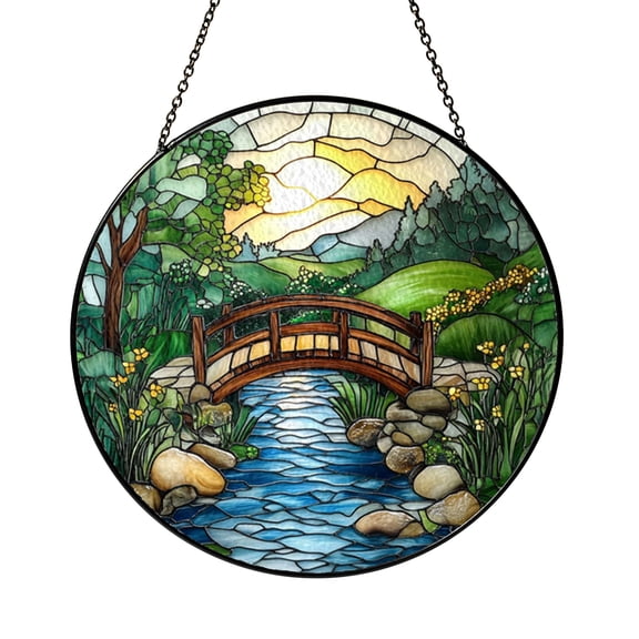 Nature Garden Bridge Stained Glass Suncatcher, Decorative Window Hanging, Vibrant Stream and Bridge Window Art, Colorful Nature Scene Window Decor for Home or Garden, Scenic Outdoor Window Ornament
