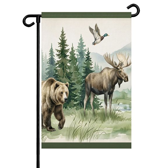 Nature Garden Flags for Outside Rustic Wildlife Bear Moose Pine Trees Double Sided Yard Flags Outdoor House Decoration, Small 28X40 Inch