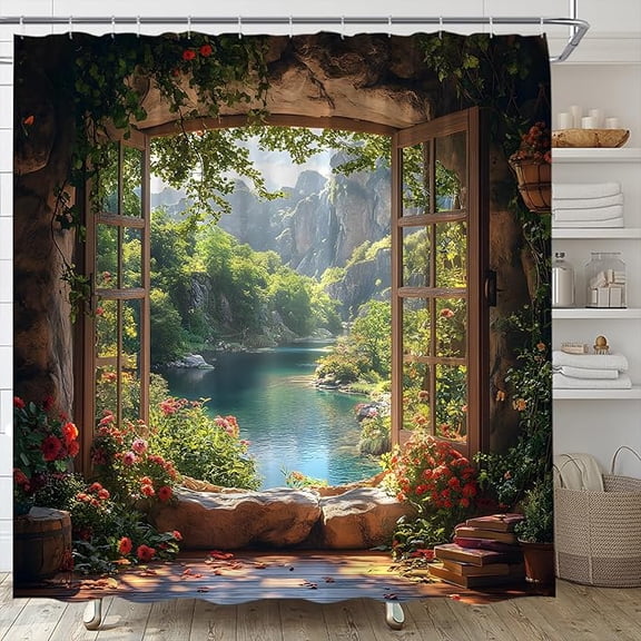 Nature Garden Shower Curtain Forest Mountain Stone Wall Flower Green Leaf Vine Rustic Farmhouse Cabin Window Scenery Bathroom Curtain Fabric With Hooks 72"W x 72"L