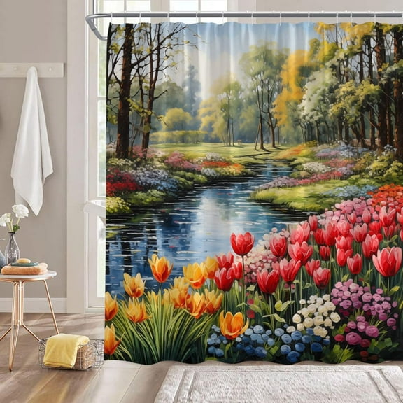 Nature Garden Shower Curtain Rustic Farmhouse Colorful Flowers Tulip Floral Tree Forest Vintage Country Scenery Bathroom Decor Fabric Curtain with Hooks-36"W x 72"L (Pack of 1)