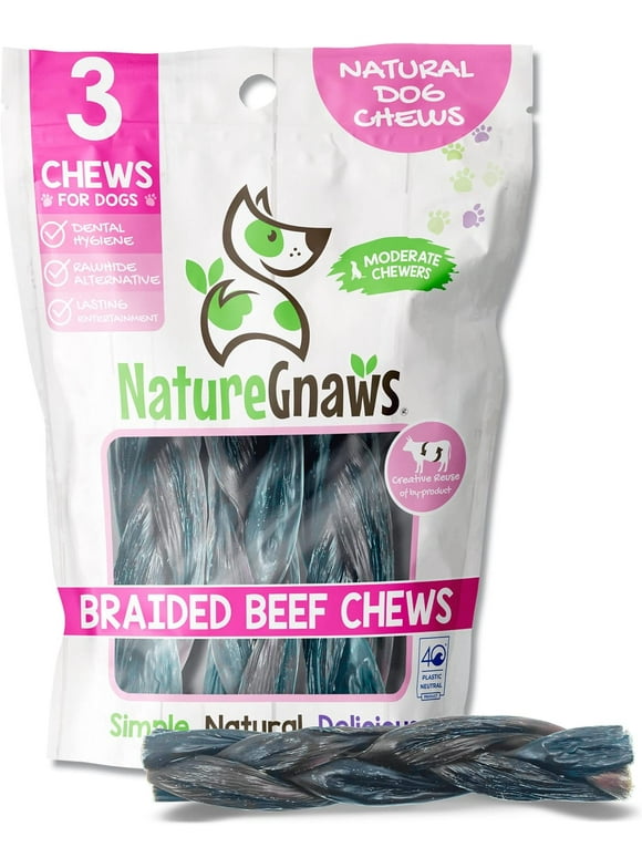 Nature Gnaws Natural Braided Beef Jerky for Dogs 5-6" (3 Count) Rawhide-Free Pet Chew Treats