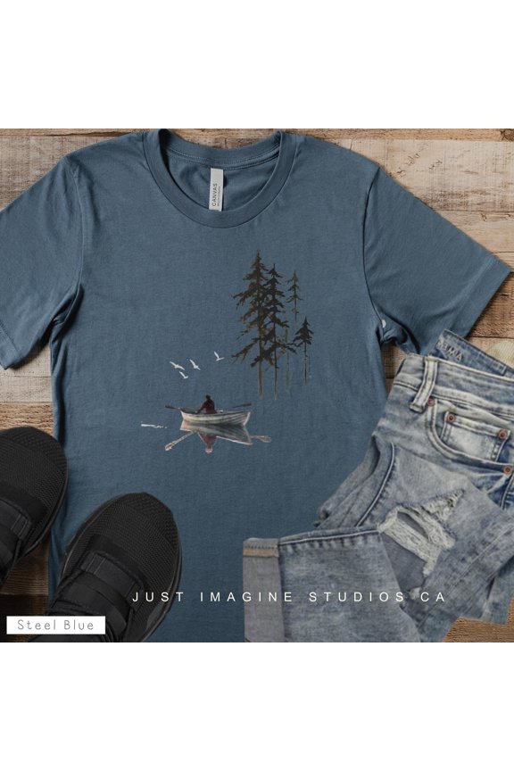 Nature Graphic Tee Serenity Rowing Boat Forest Print