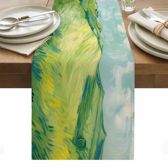 Nature Grassland Table Runner Green Scenery Oil Abstract Painting Tablerunners 13 x 36 Inch, Table Decorations Tabletop Scarf for Summer Gathering Holiday Farmhouse Kitchen Dining Decor