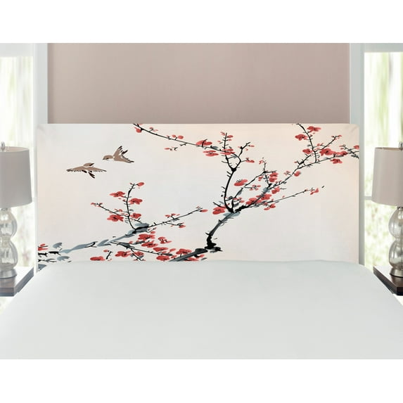 Nature Headboard, Flowers Buds and Birds with Cherry Branches Style Art Painting Effect, Upholstered Decorative Metal Bed Headboard with Memory Foam, Full Size, Pale Maroon Black, by Ambesonne