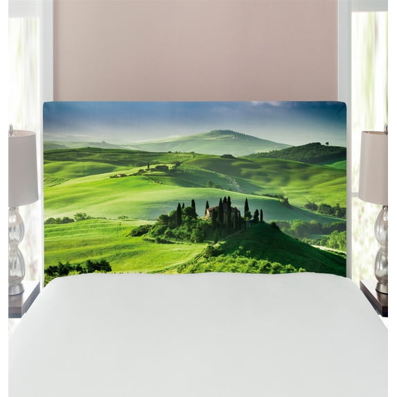 Nature Headboard, Rising Sun in the Valley Dark Cloudy Sky Landscape Dramatic Pastoral Heaven Print, Upholstered Decorative Metal Bed Headboard with Memory Foam, Twin Size, Green Blue, by Ambesonne