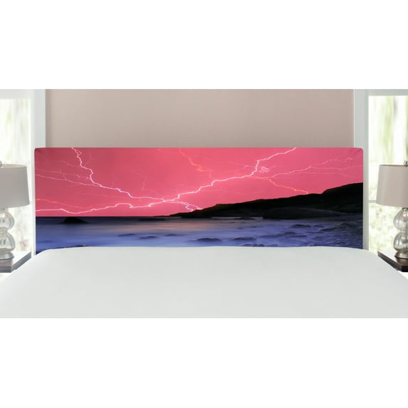 Nature Headboard, Thunderstorm Bolts with Vibrant Colorful Sky Like Solar Phenomenal Nature Picture, Upholstered Decorative Metal Bed Headboard with Memory Foam, King Size, Pink Grey, by Ambesonne
