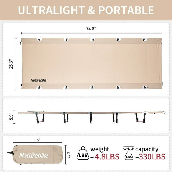 Nature Hike XJC05 Ultralight Folding Camp Cot | Aluminum Frame | 330lb Capacity | Compact & Durable