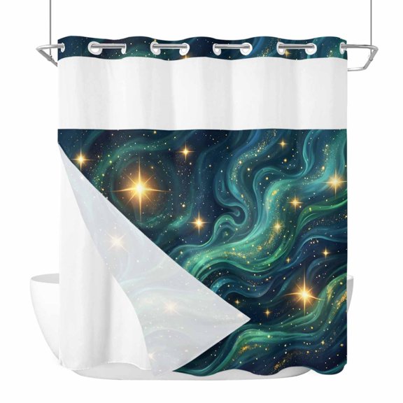 Nature No Hook Shower Curtain with Snap in Liner Fantasy Starry Sky Romantic Mystic Cosmic Vortex Bright Star Waterproof Bathroom Shower Curtain with See Through Top Window for Bathtub 72" x 72"