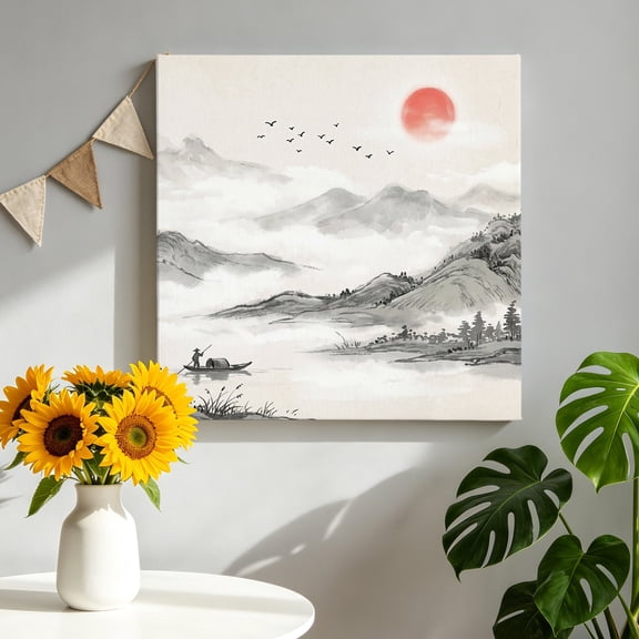 Nature Ink Painting Canvas Wall Art, Oriental Traditional Mountain Tree River Framed Canvas Wall Decor Picture Print Artwork Decorations for Living Room Office Ready to Hang 8" x 8"