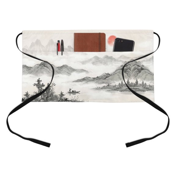 Nature Ink Painting Kitchen Restaurant Half Waist Apron, Oriental Traditional Mountain Tree River Server Short Apron with 3 Pockets Waterproof Oil Waist Aprons for Women Waitress Waiter