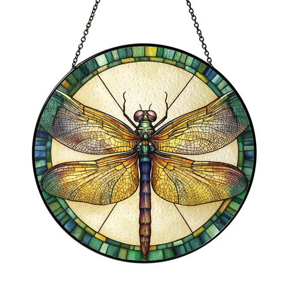 Nature Insect Stained Glass Style Window Suncatcher, Dragonfly Art Panel, Decorative Glass Style Window Decor for Botanical Home