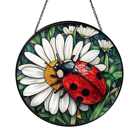 Nature Insect Stained Glass Style Window Suncatcher, Ladybug Flower Art Panel, Decorative Glass Style Window Decor for Botanical Home