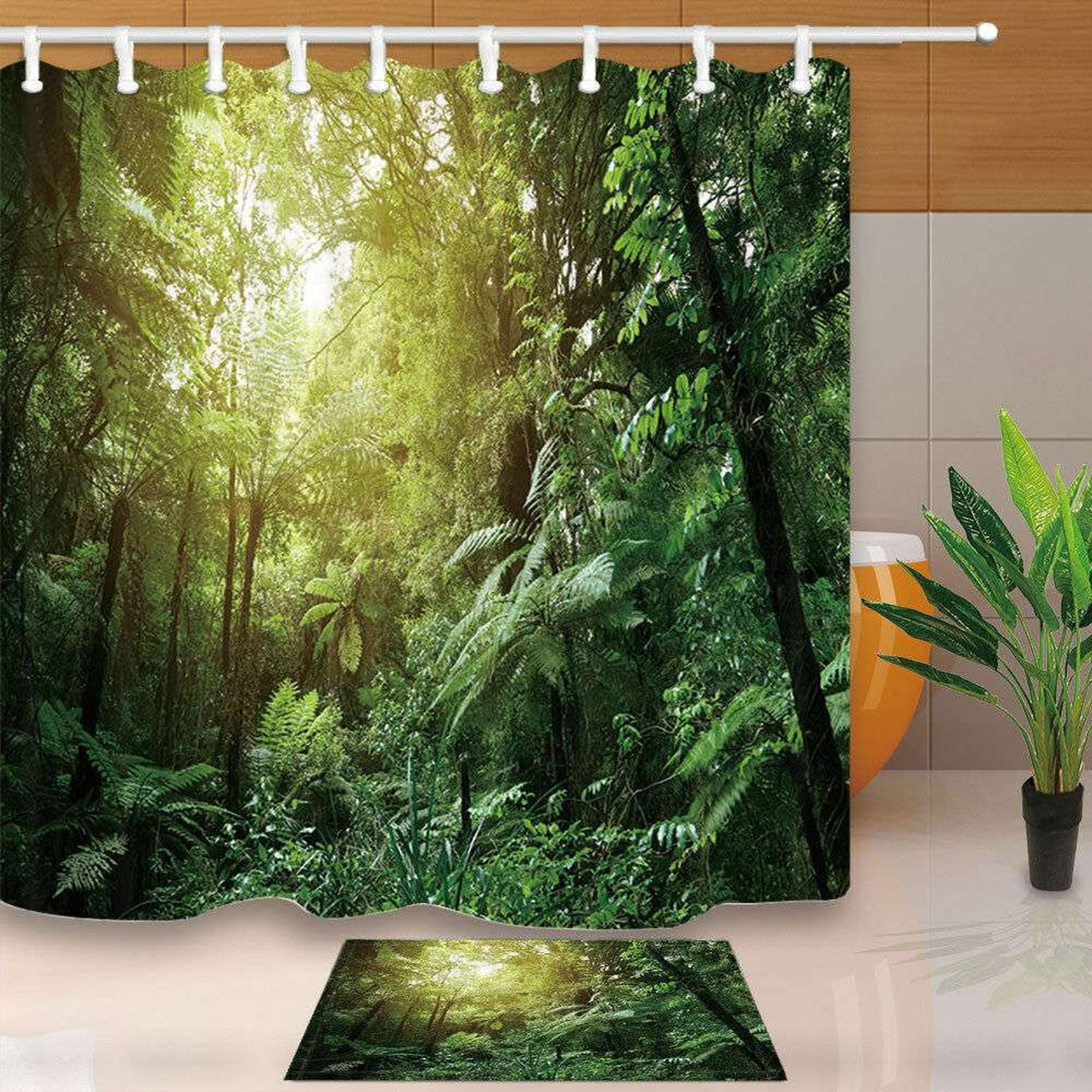 NatureInspired Bath Set Forest Green Leaves Shower Curtain and Rug