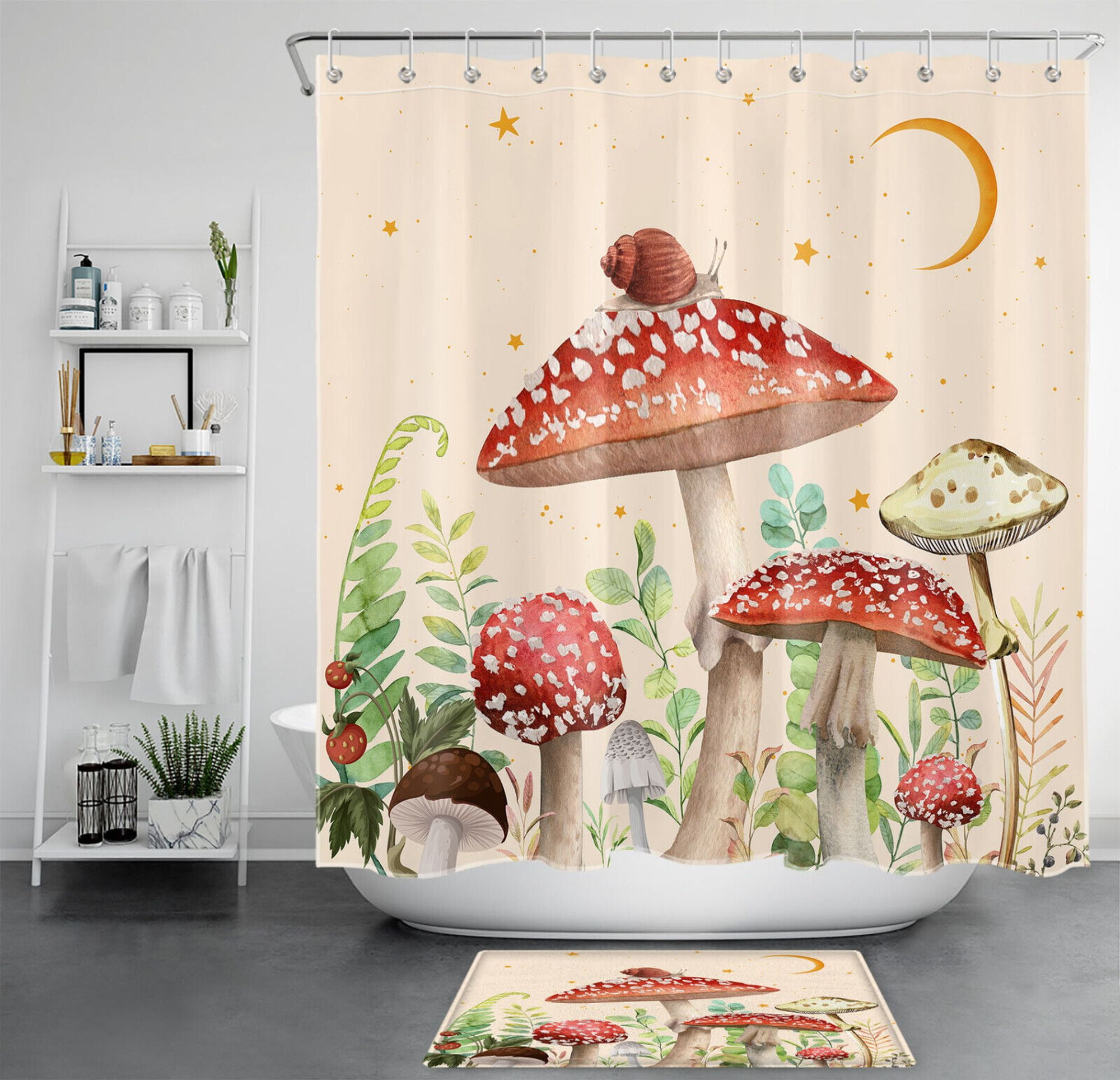 Nature-Inspired Bathroom Bliss: Beige Green Plant Leaf Red Mushroom ...