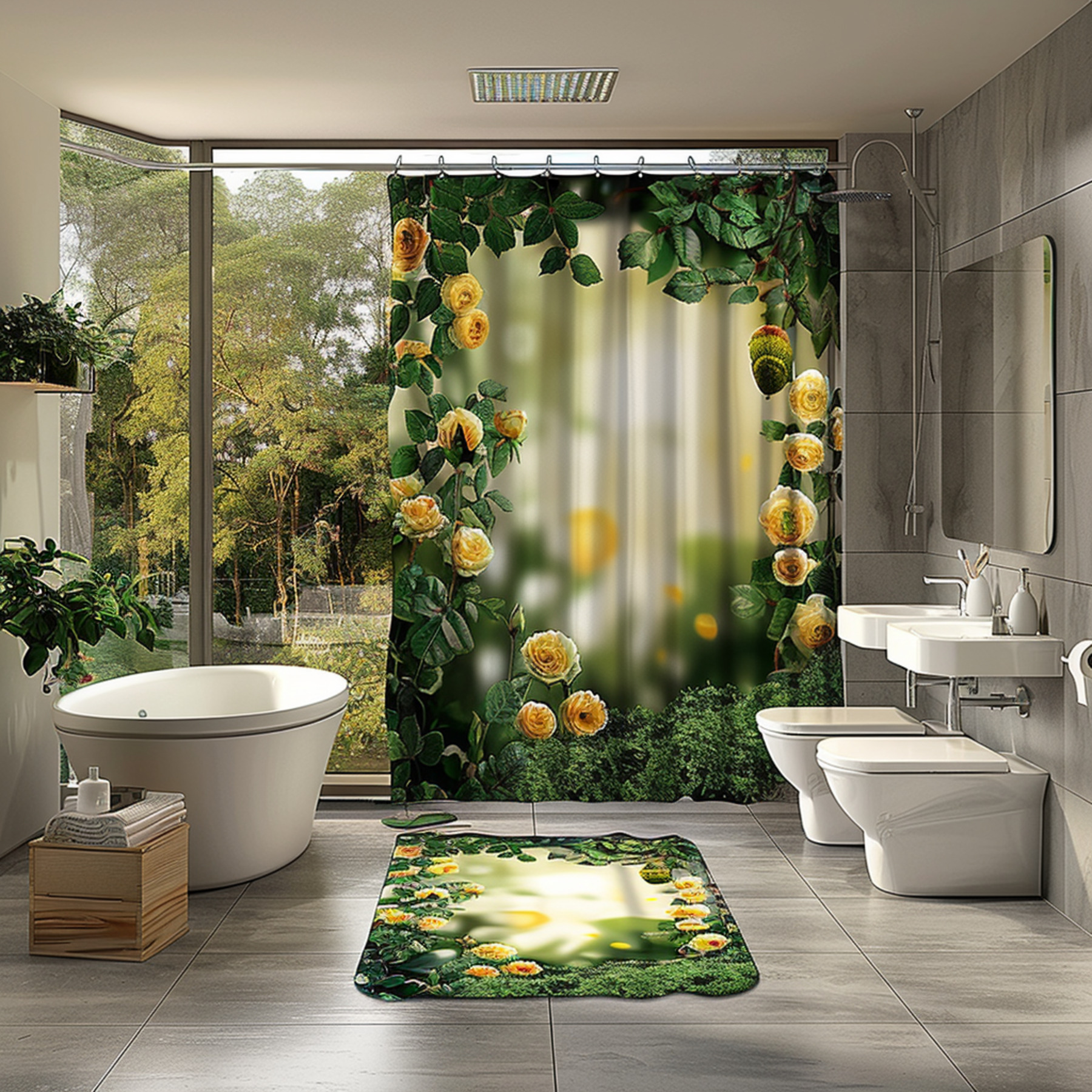 Nature Inspired Bathroom with Large Windows Yellow Roses Greenery Gray