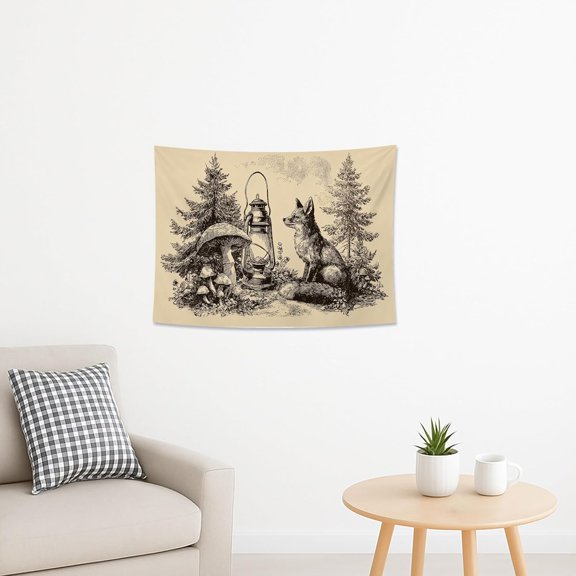Nature Inspired Beige Tapestry, Woodland Animals and Lantern Wall Art, Rustic Decor for Living Room, Bedroom, Dorm, Cozy Home Aesthetic 40x30 Inch